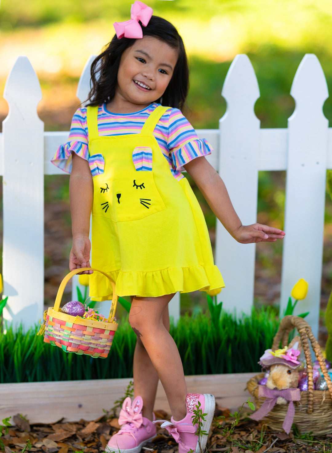 Mia Belle Girls Striped Bunny Overall Dress | Easter Casual Dresses