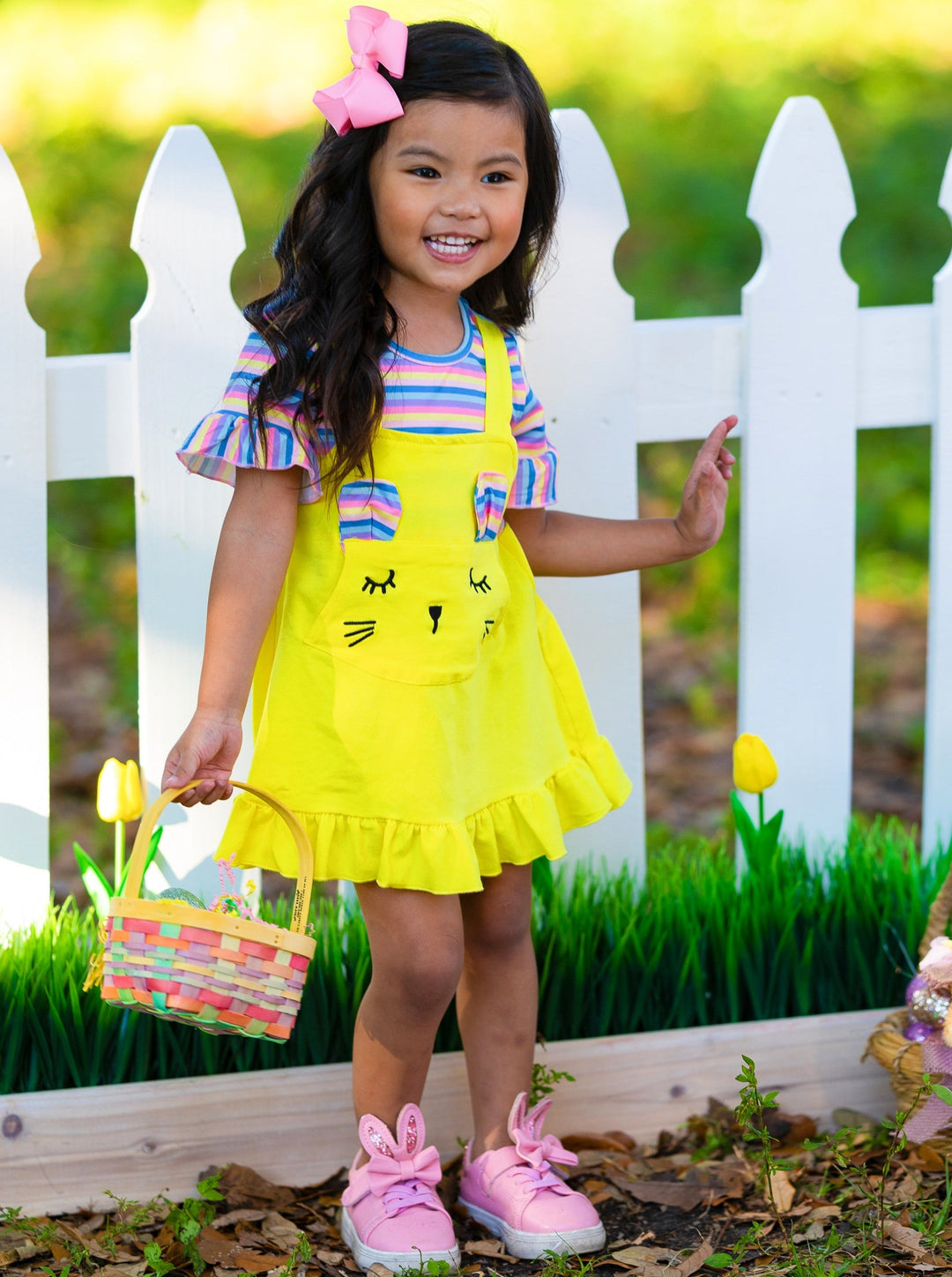 Mia Belle Girls Striped Bunny Overall Dress | Easter Casual Dresses