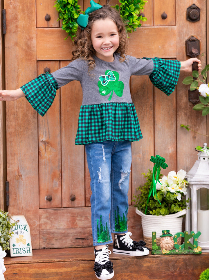 St. Patrick's Day Clothes | Girls Plaid Ruffle Hem & Sleeve Clover Top