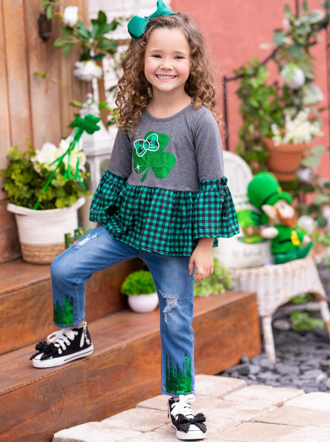 St. Patrick's Day Clothes | Girls Plaid Ruffle Hem & Sleeve Clover Top