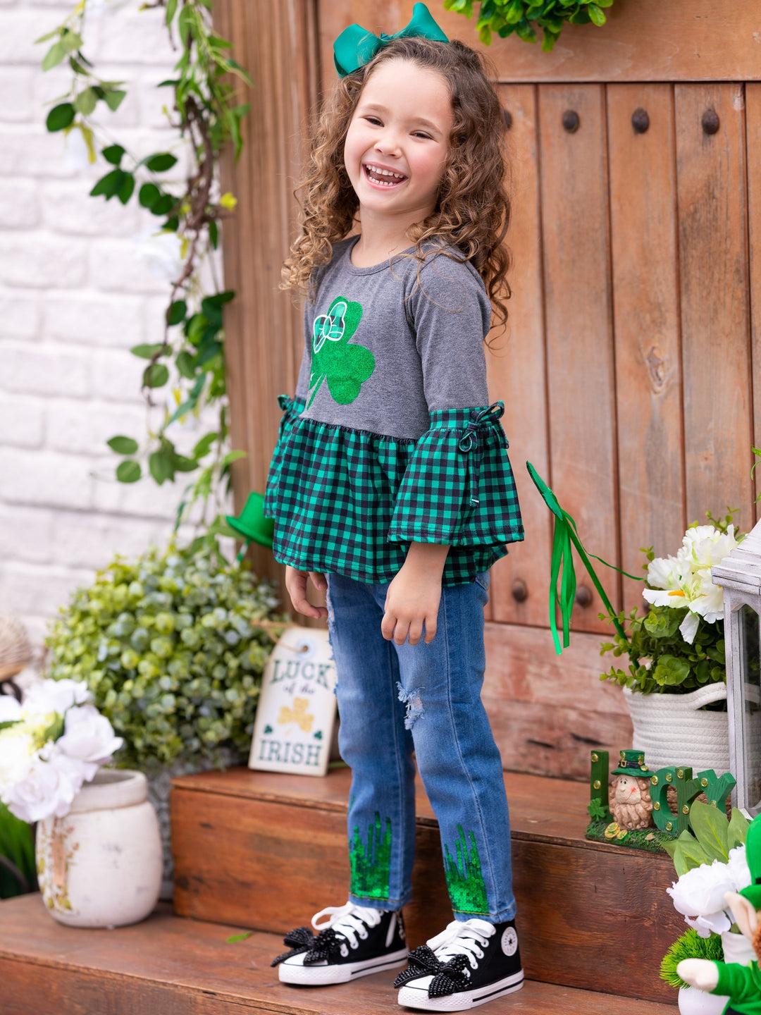 St. Patrick's Day Clothes | Girls Plaid Ruffle Hem & Sleeve Clover Top