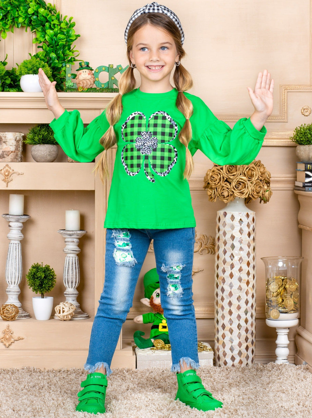 Girls Long Sleeved Plaided Clover Applique Top 2T-10Y Spring St Patricks Day