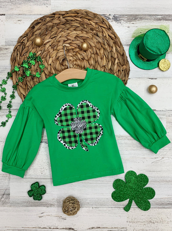 Girls Long Sleeved Plaided Clover Applique Top 2T-10Y Spring St Patricks Day