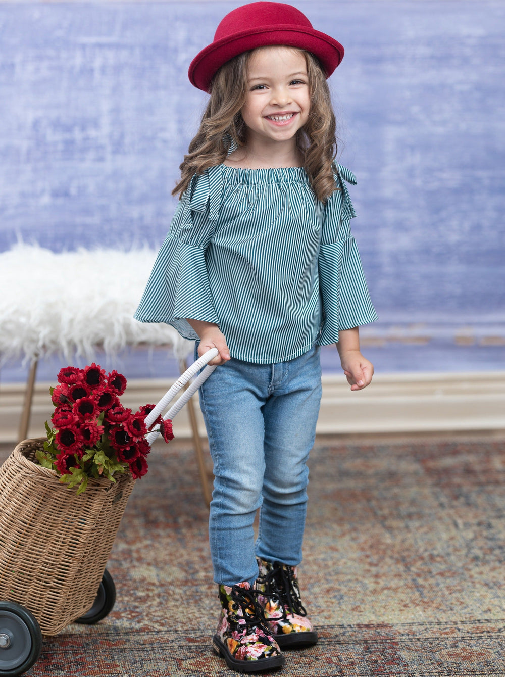 Toddler Spring Tops | Girls Boho Pinstripe Flounce Sleeve Top