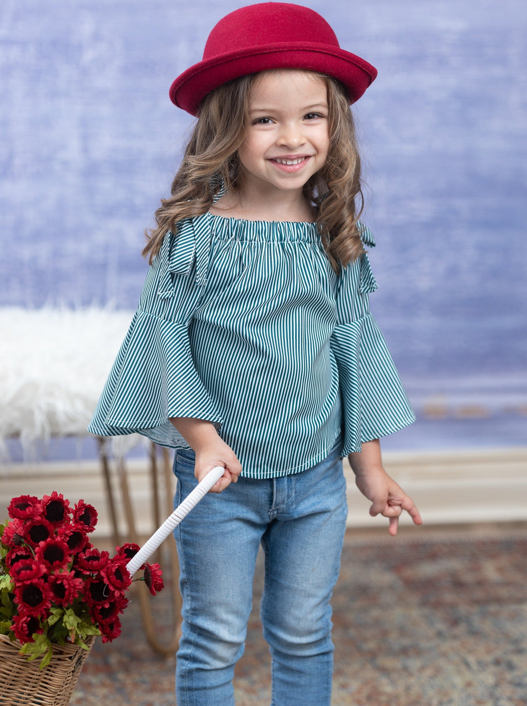 Toddler Spring Tops | Girls Boho Pinstripe Flounce Sleeve Top