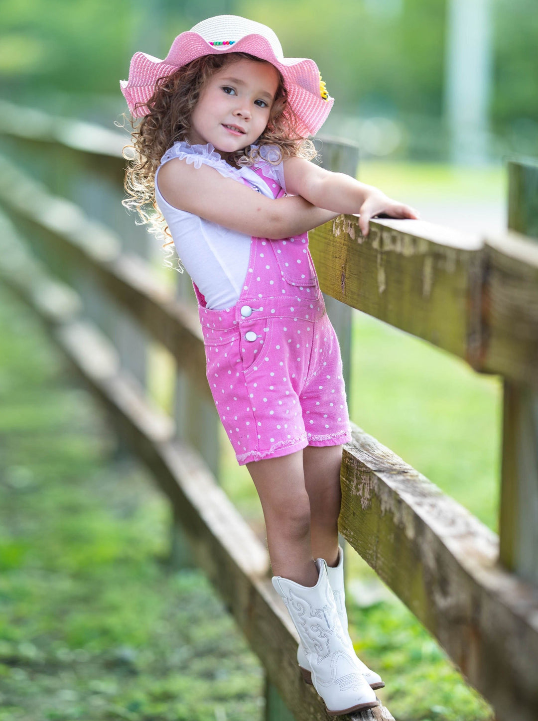 Cute Spring Toddler Outfit | Girls Polka Dot Cuffed Denim Overalls