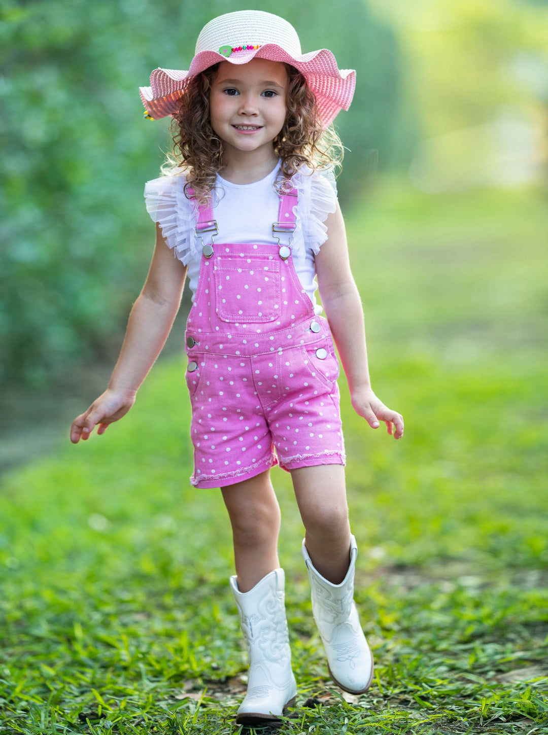 Cute Spring Toddler Outfit | Girls Polka Dot Cuffed Denim Overalls