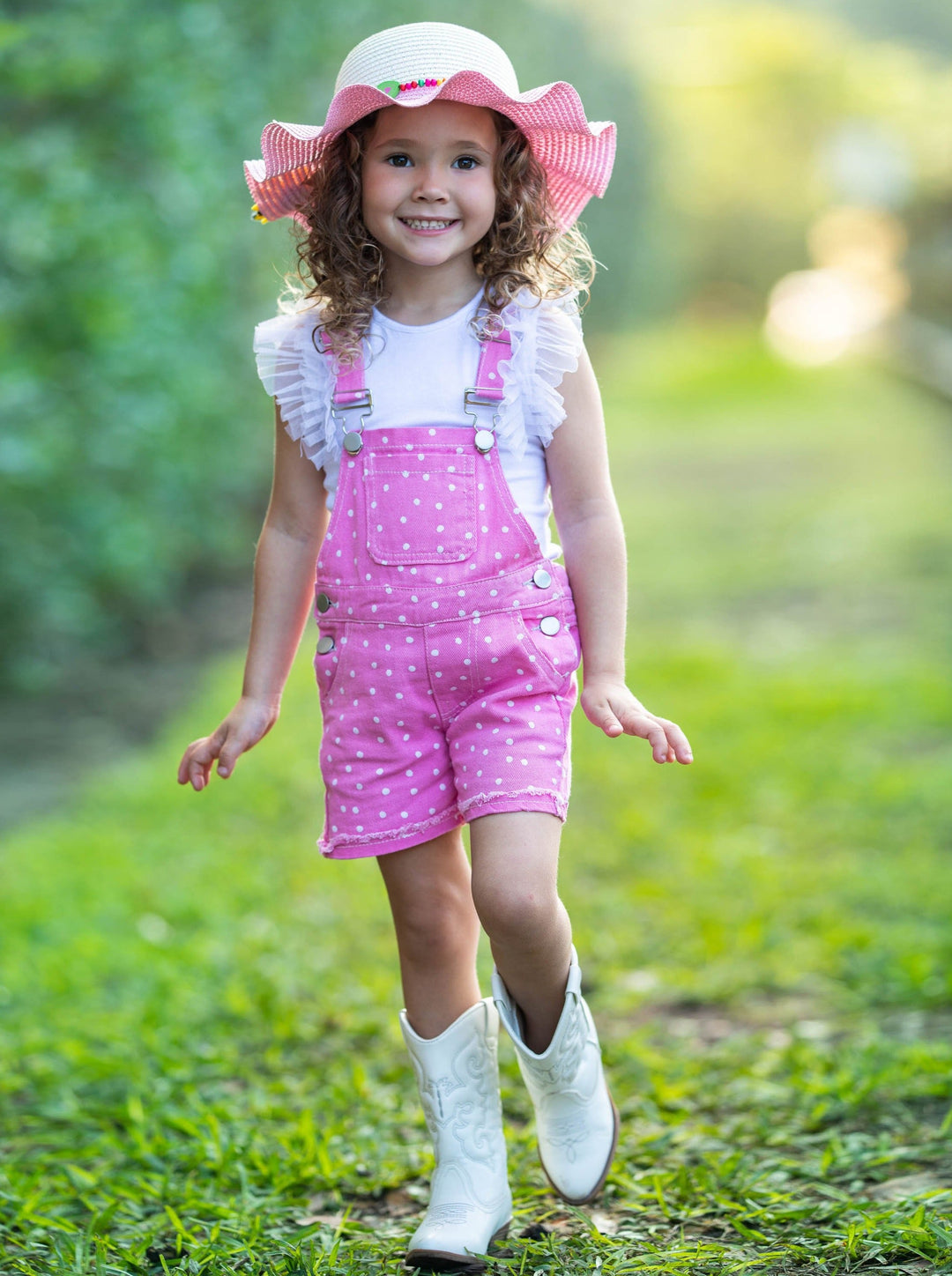 Cute Spring Toddler Outfit | Girls Polka Dot Cuffed Denim Overalls