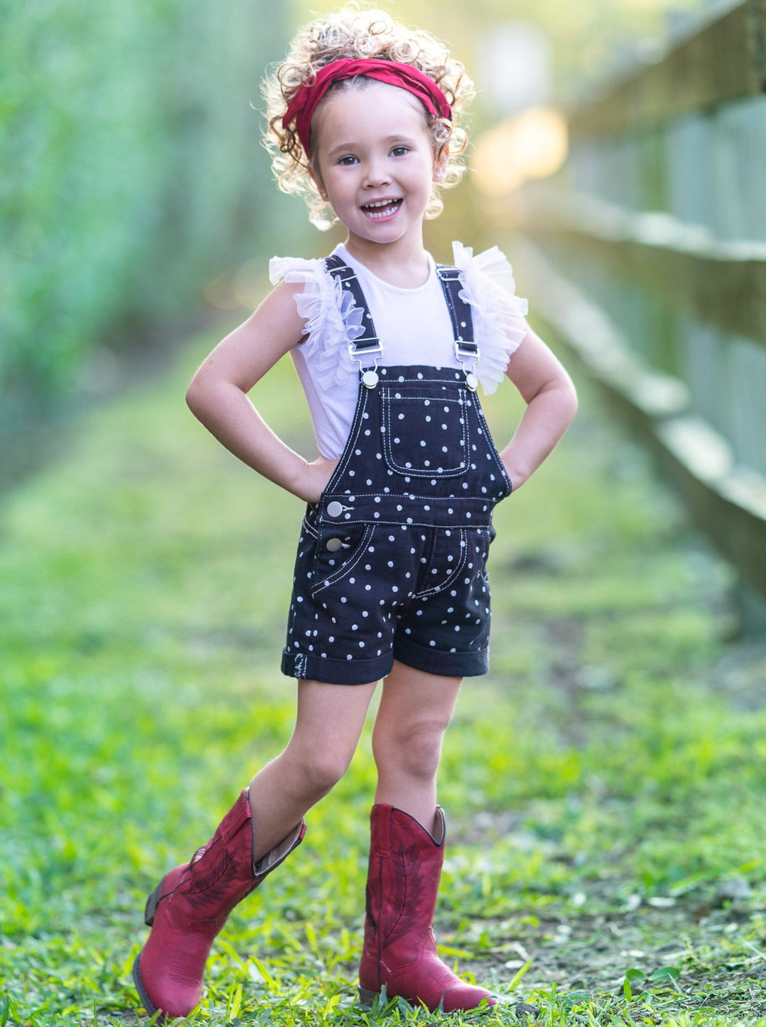 Cute Spring Toddler Outfit | Girls Polka Dot Cuffed Denim Overalls