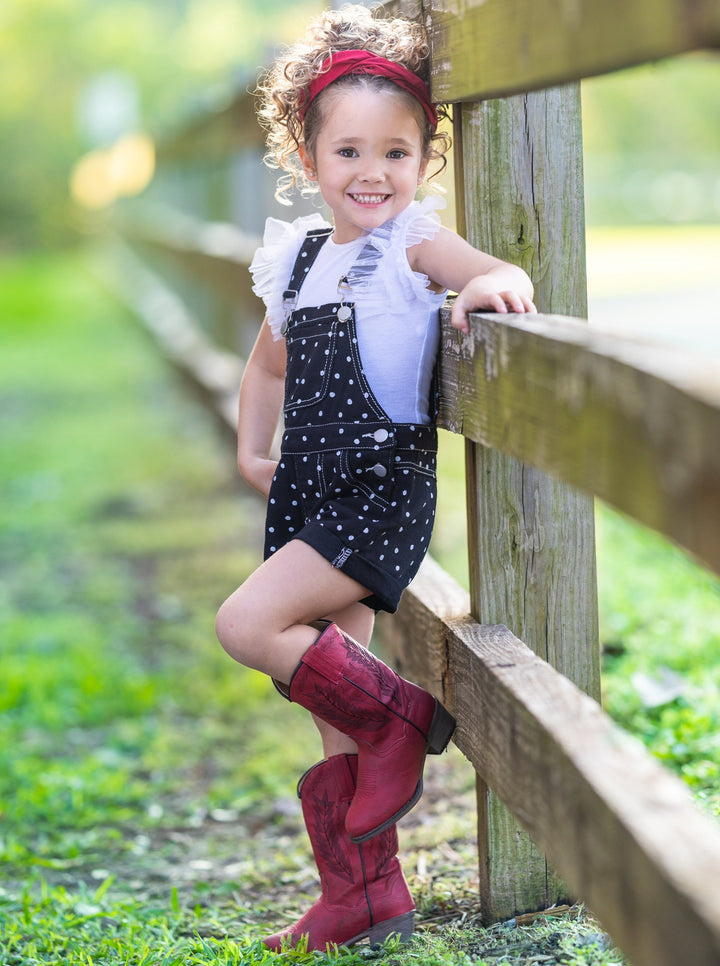 Cute Spring Toddler Outfit | Girls Polka Dot Cuffed Denim Overalls