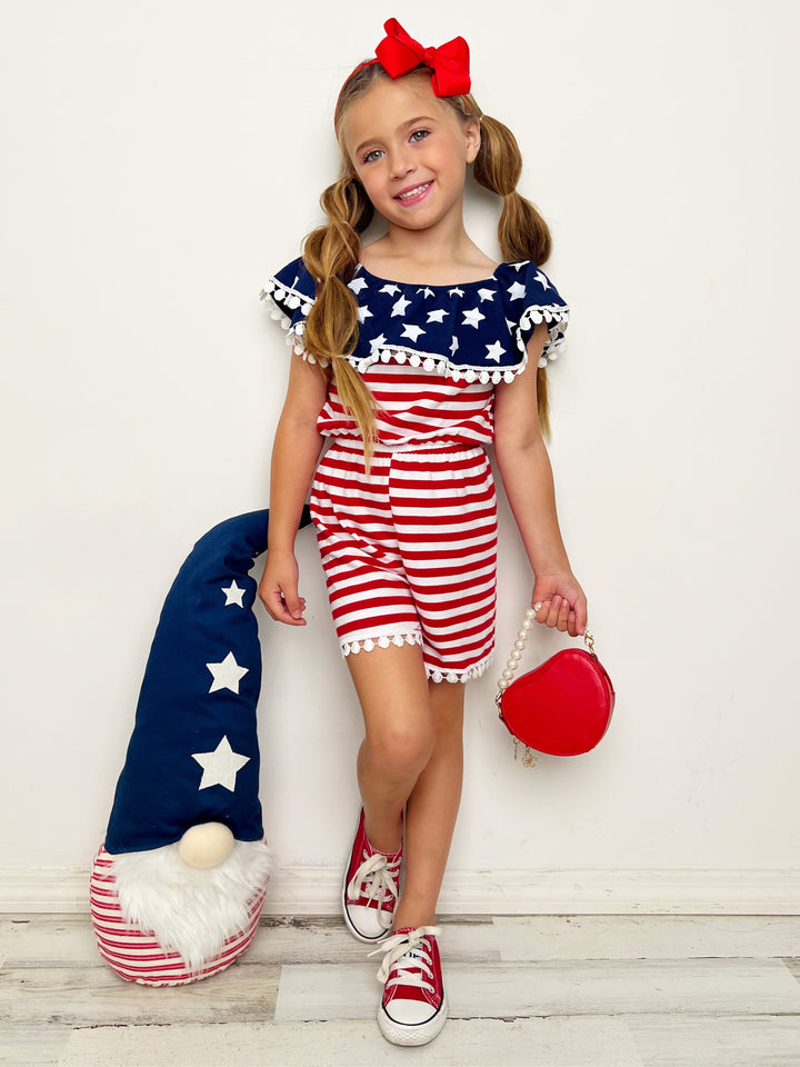 Mia Belle Girls US Flag Pom Pom Romper | 4th of July Outfit 