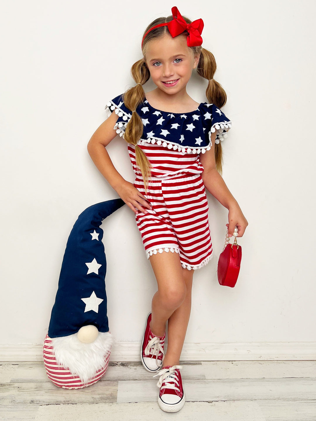 Mia Belle Girls US Flag Pom Pom Romper | 4th of July Outfit 