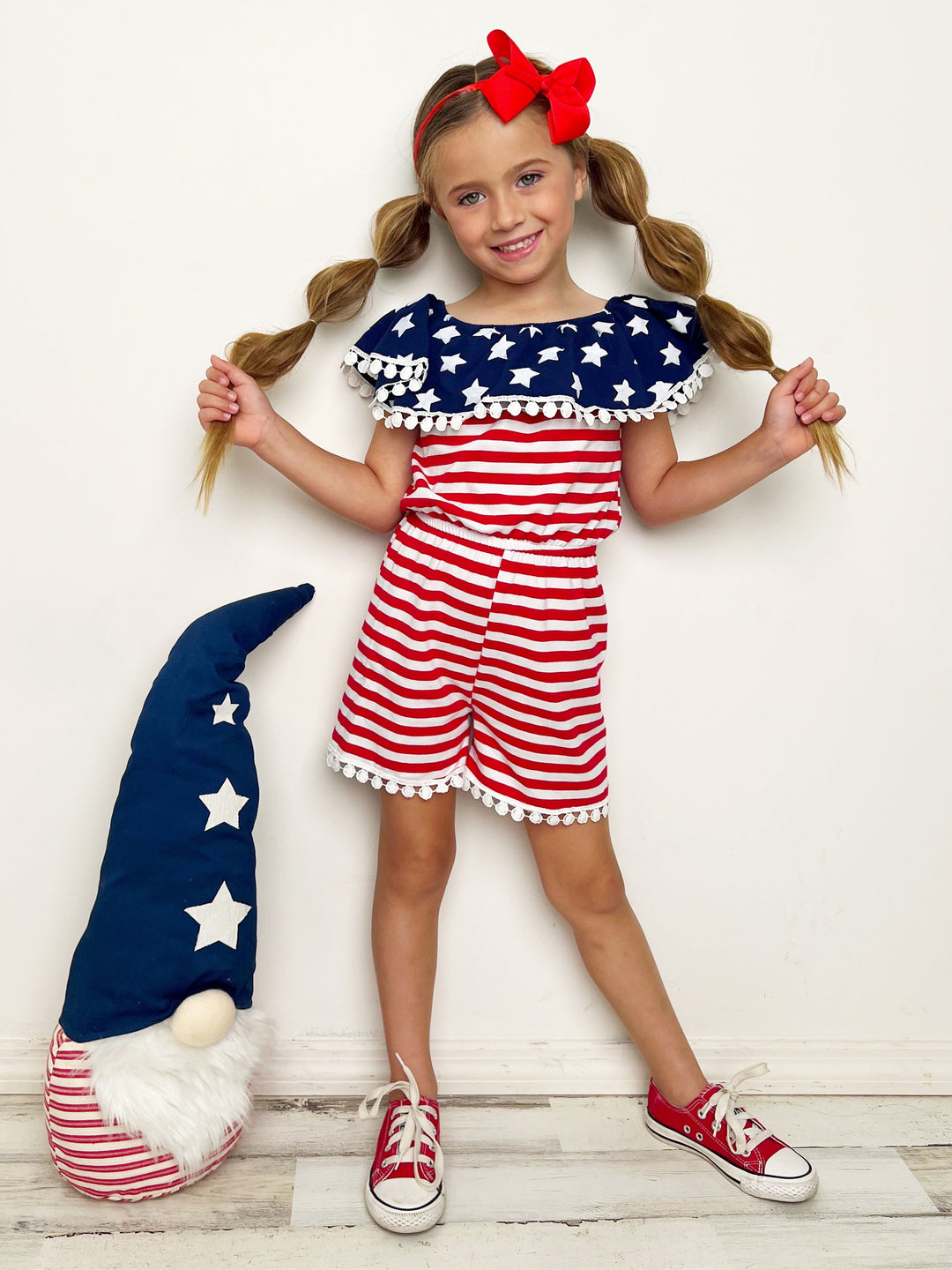 Mia Belle Girls US Flag Pom Pom Romper | 4th of July Outfit 