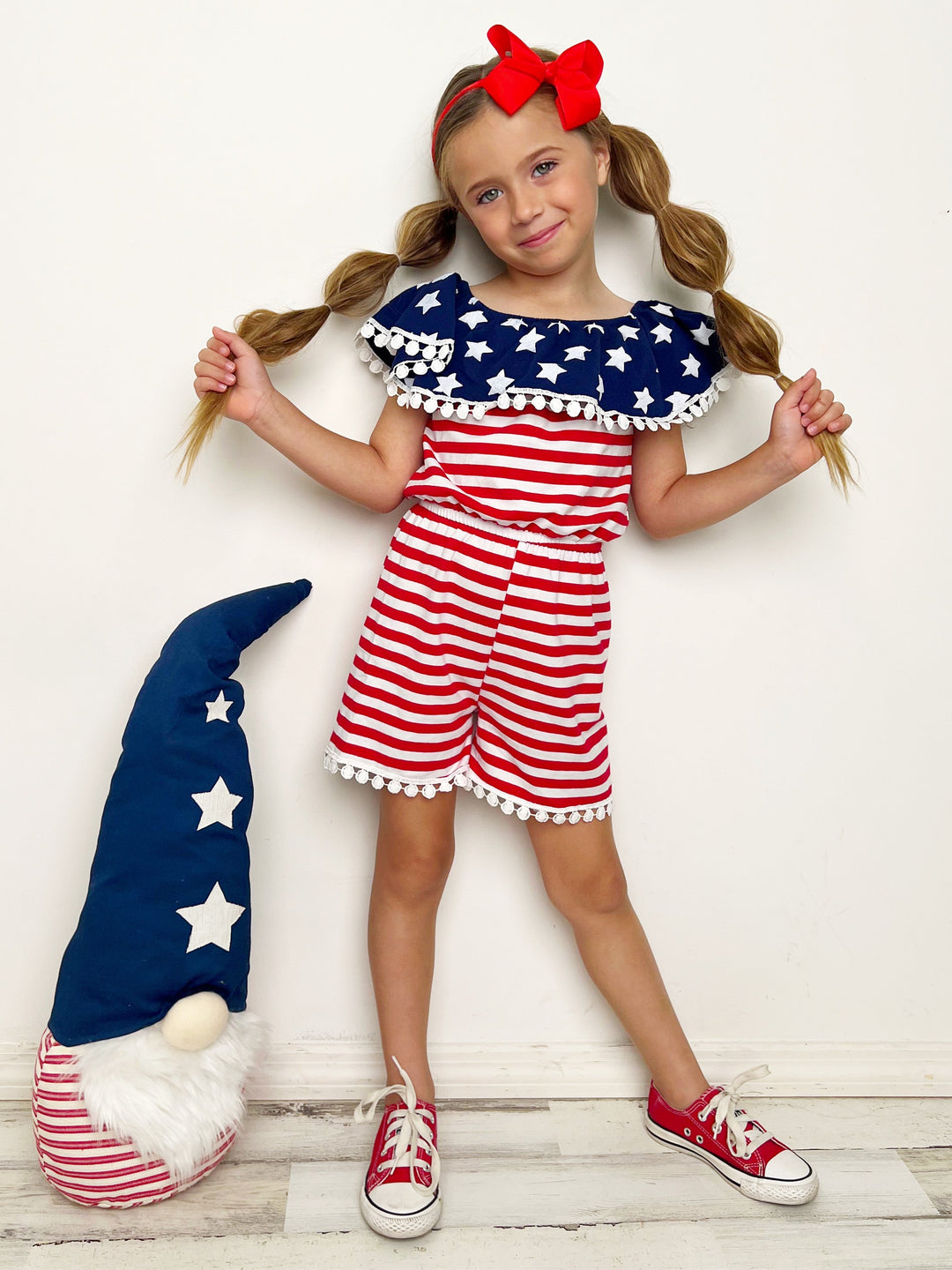 Mia Belle Girls US Flag Pom Pom Romper | 4th of July Outfit 