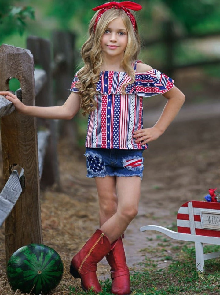 Girls 4th of July Set | Stars & Stripes Top & Patched Denim Shorts Set