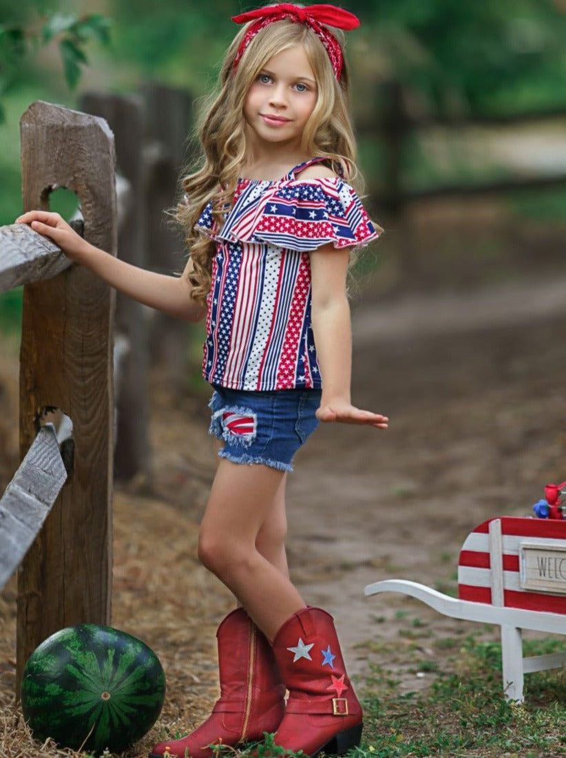 Girls 4th of July Set | Stars & Stripes Top & Patched Denim Shorts Set