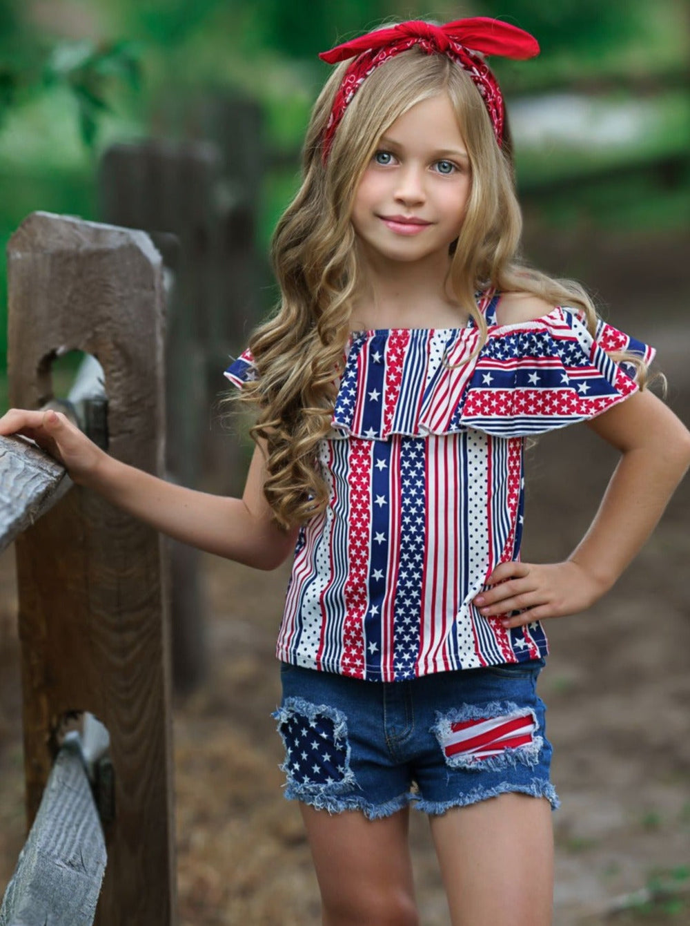 Girls 4th of July Set | Stars & Stripes Top & Patched Denim Shorts Set