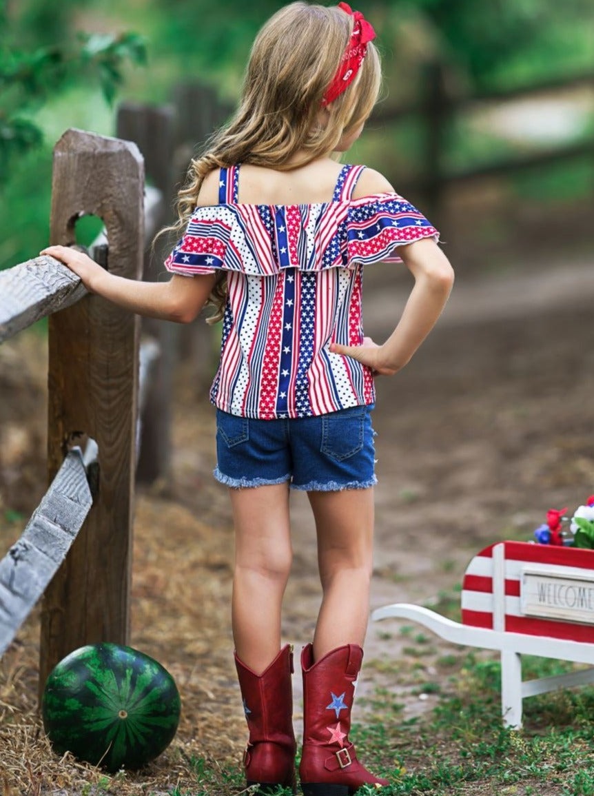 Girls 4th of July Set | Stars & Stripes Top & Patched Denim Shorts Set