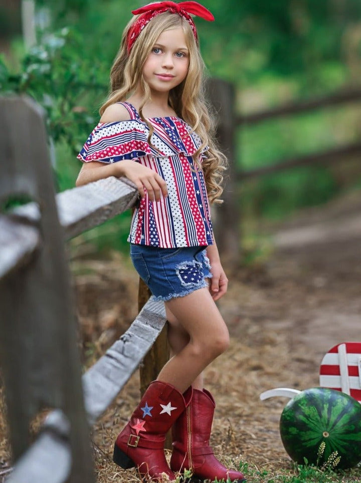 Girls 4th of July Set | Stars & Stripes Top & Patched Denim Shorts Set