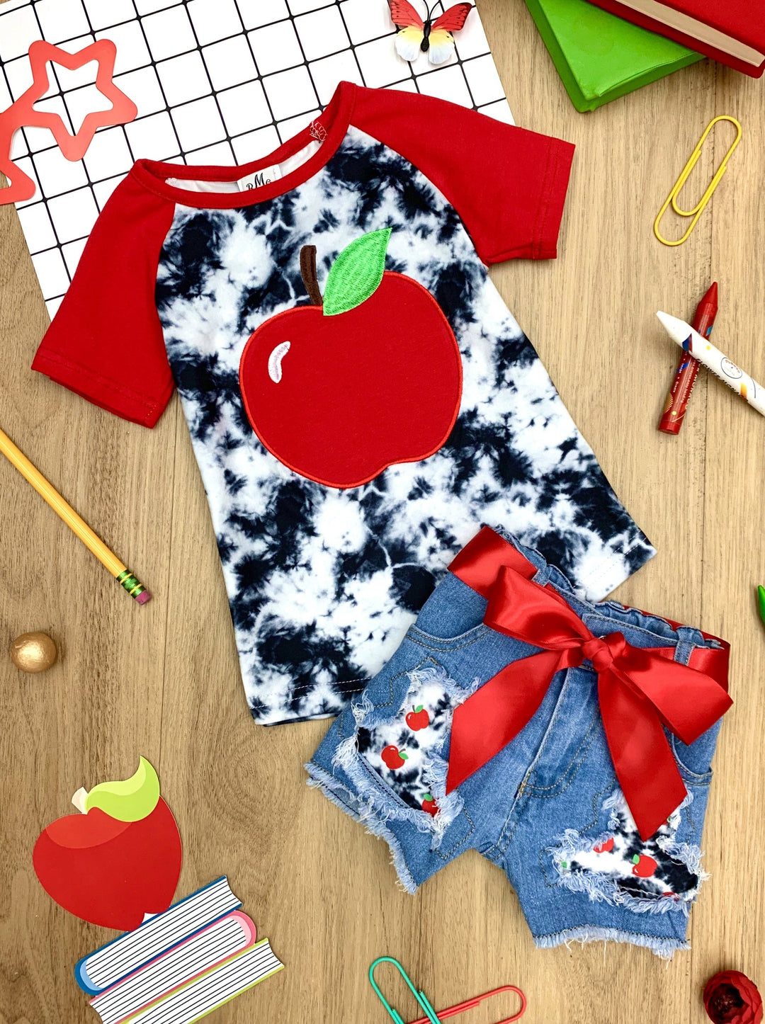 Back To School Apple Tie Dye Patched Denim Short Set | Mia Belle Girls