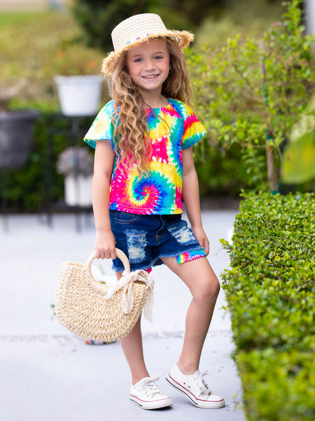 Toddler Spring Outfits | Girls Rainbow Tie Dye Top & Denim Shorts Set