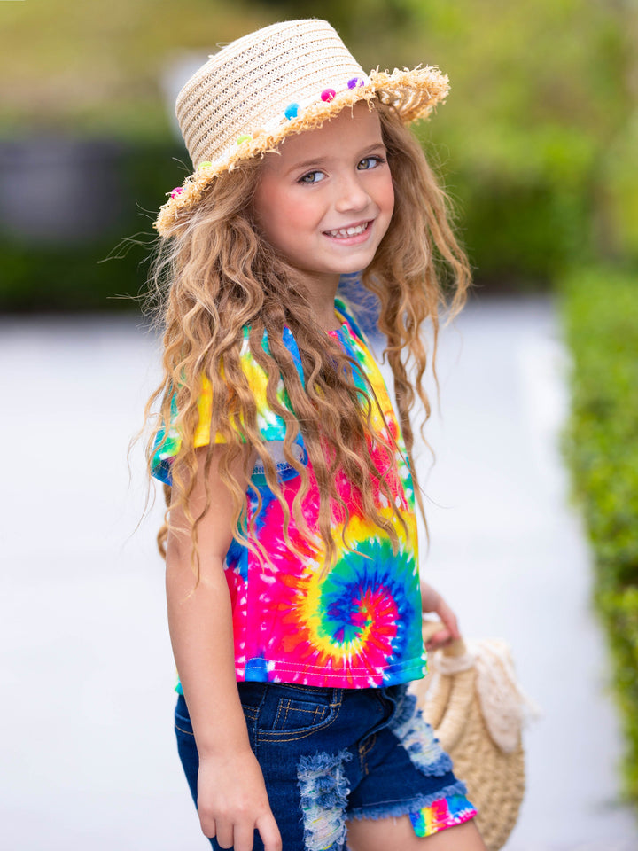 Toddler Spring Outfits | Girls Rainbow Tie Dye Top & Denim Shorts Set