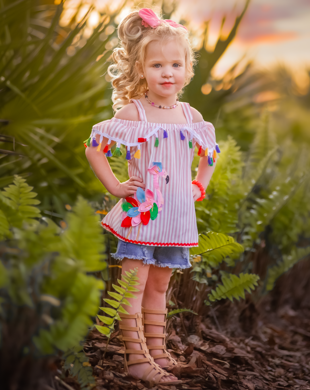 Girls Ruffled Flamingo Tassel Top & Denim Shorts Set - Mia Belle Girls