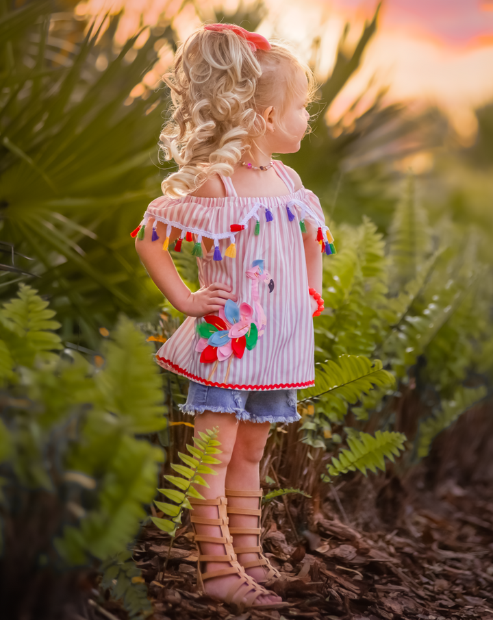 Girls Ruffled Flamingo Tassel Top & Denim Shorts Set - Mia Belle Girls