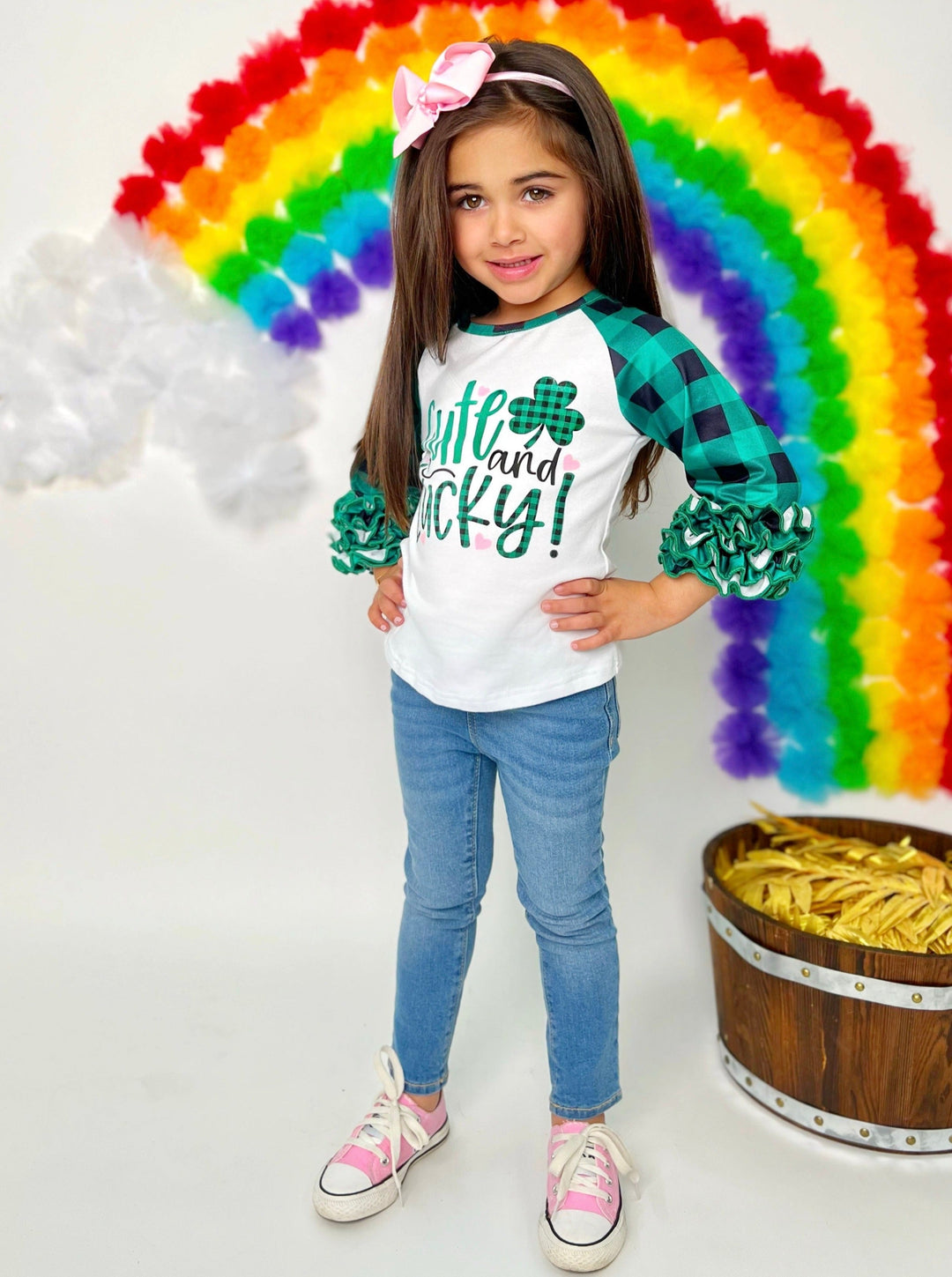 St. Patrick's Day Clothes | Girls Clover Plaid Raglan Ruffle Cuff Top