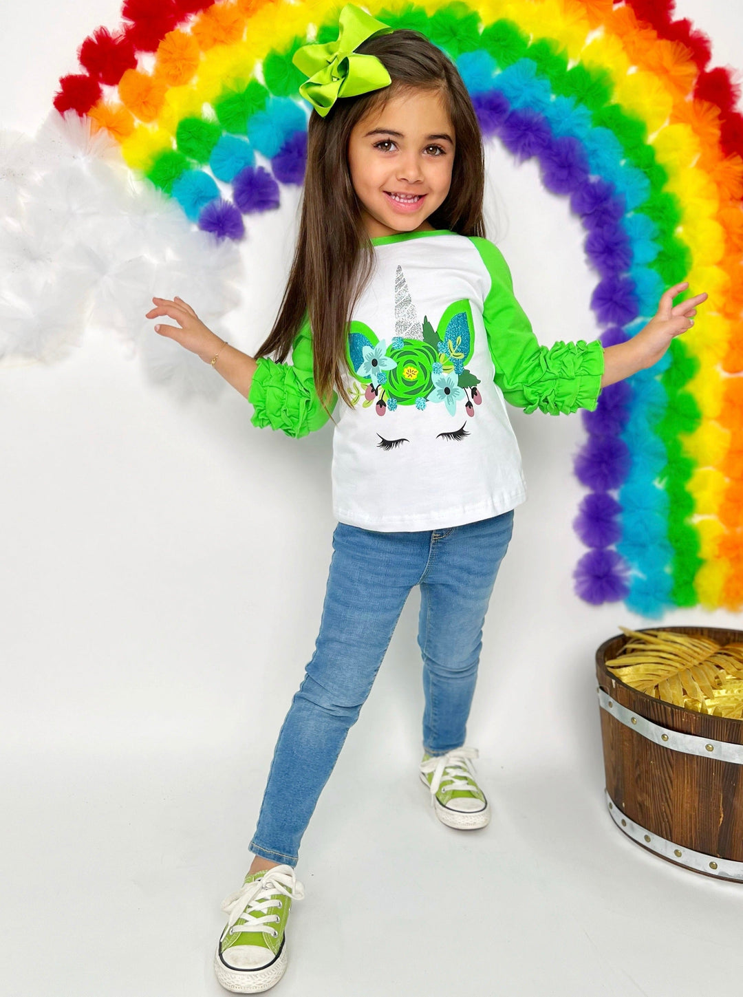 St. Patrick's Day Clothes | Little Girls Unicorn Ruffled Raglan Top