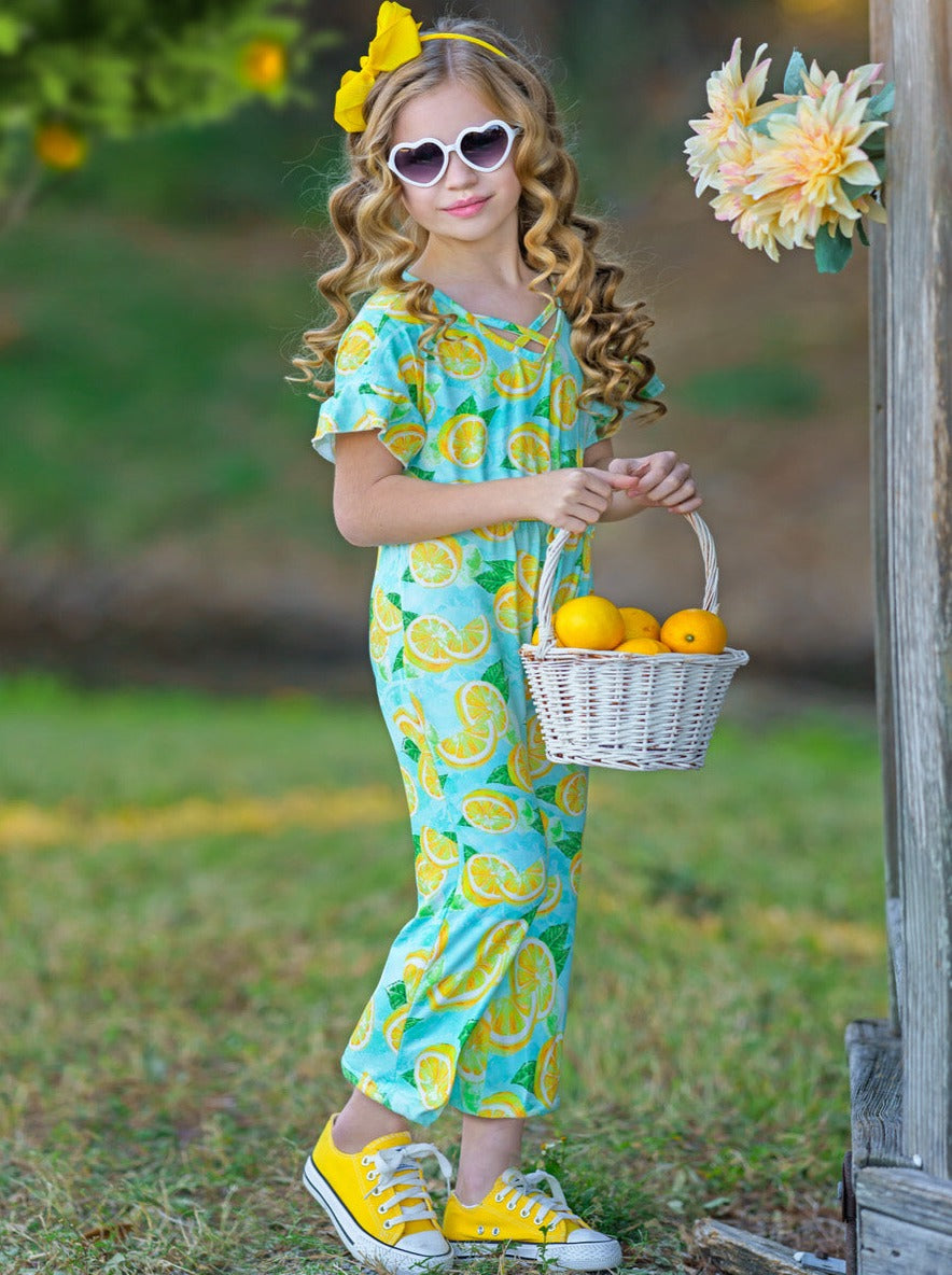 Cute Toddler Outfit | Little Girls Spring Lemon Ruffle Sleeve Jumpsuit