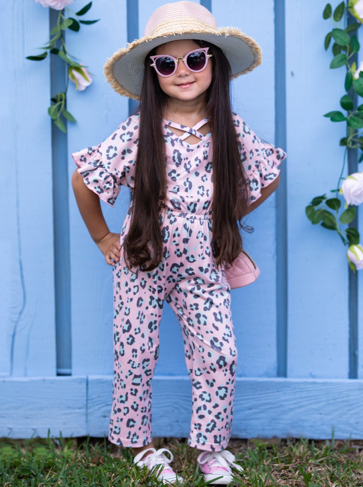 Cute Toddler Outfit | Girls Pink Leopard Print Ruffle Sleeve Jumpsuit