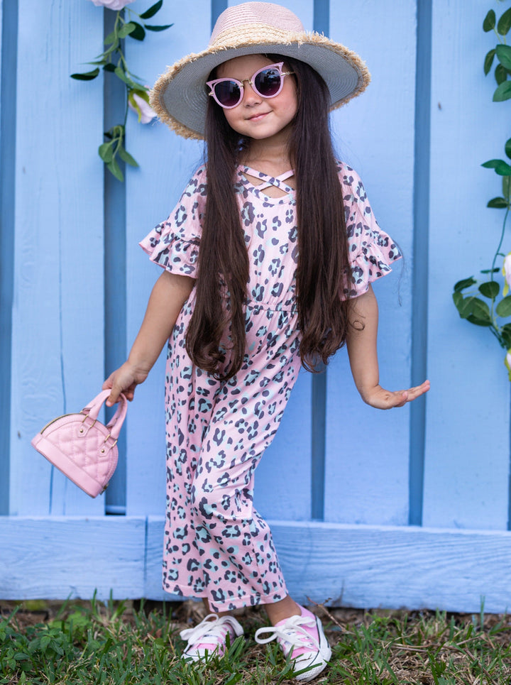 Cute Toddler Outfit | Girls Pink Leopard Print Ruffle Sleeve Jumpsuit