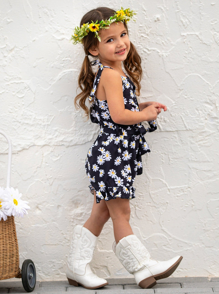 Cute Toddler Outfit | Girls Boho Spring Daisy Belted Ruffle Romper