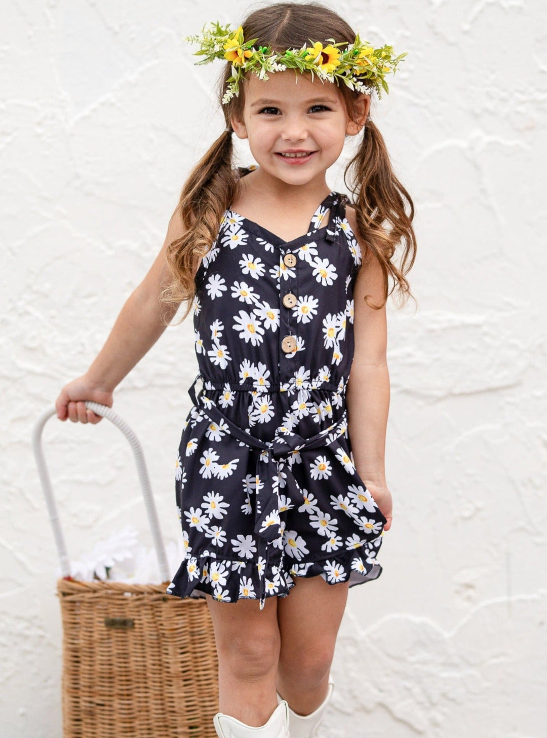 Cute Toddler Outfit | Girls Boho Spring Daisy Belted Ruffle Romper