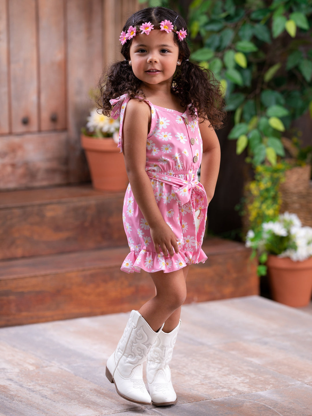 Cute Toddler Outfit | Girls Boho Spring Daisy Belted Ruffle Romper 