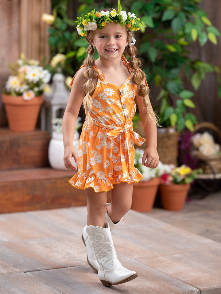 Cute Toddler Outfit | Little Girls Spring Floral Belted Ruffle Romper