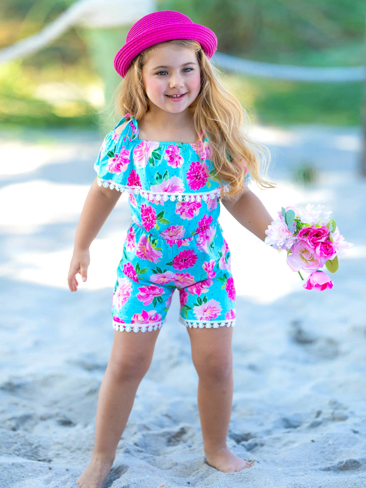 Toddler Spring Clothes | Little Girls Spring Rose Pom Pom Hem Romper