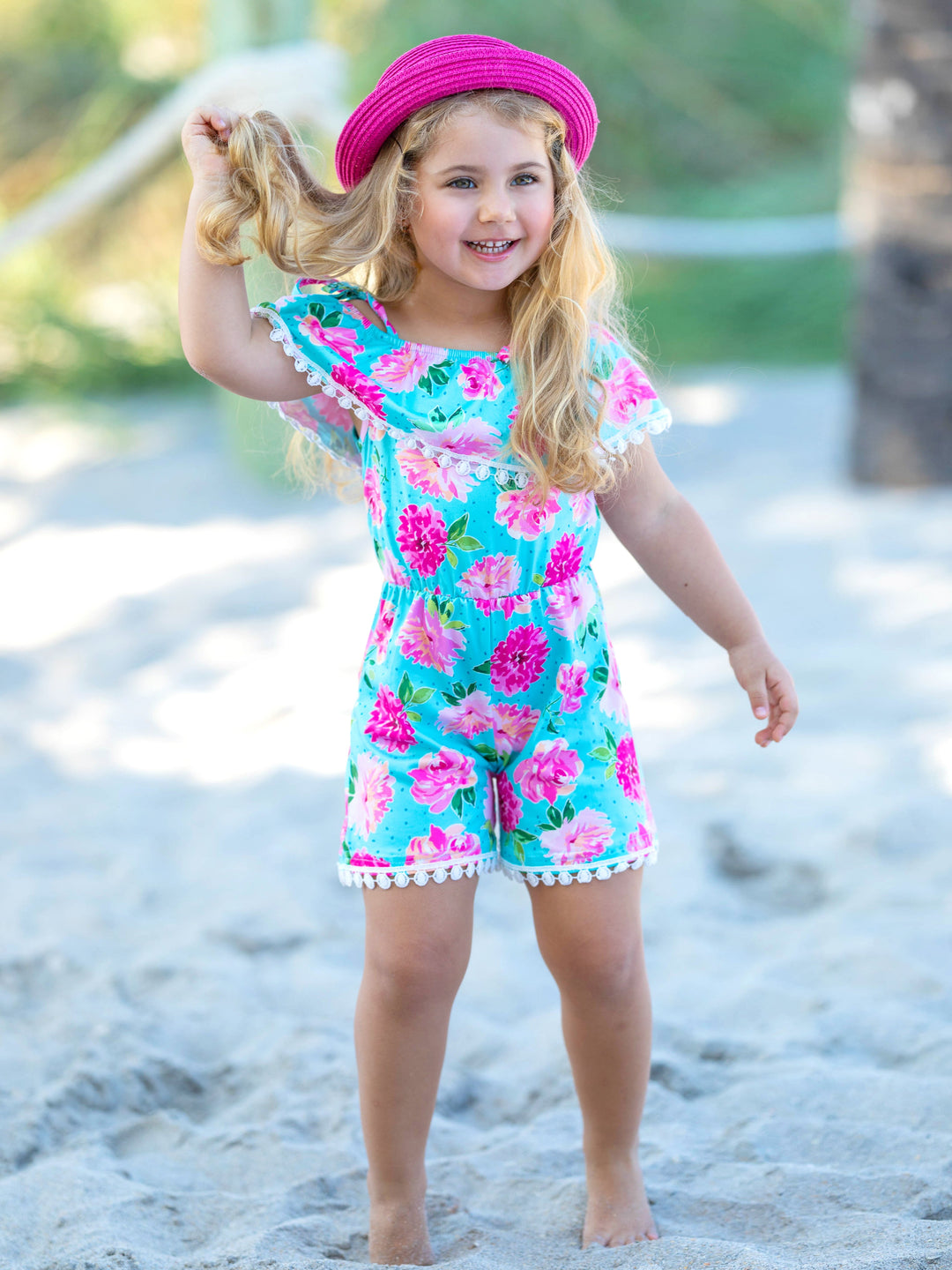 Toddler Spring Clothes | Little Girls Spring Rose Pom Pom Hem Romper