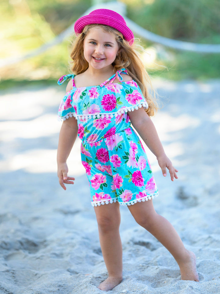 Toddler Spring Clothes | Little Girls Spring Rose Pom Pom Hem Romper