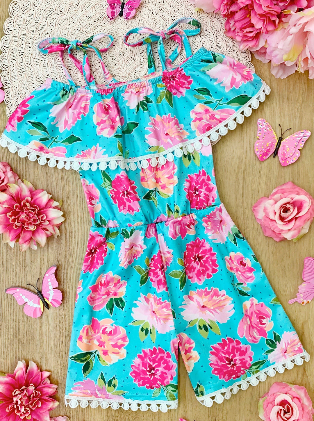 Toddler Spring Clothes | Little Girls Spring Rose Pom Pom Hem Romper