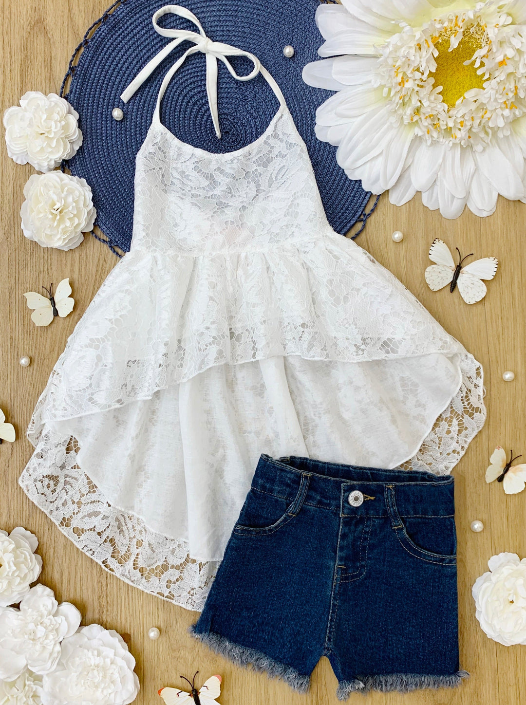 Girls Spring Outfits | Hi-Lo Lace Tank Top & Fringed Denim Shorts Set