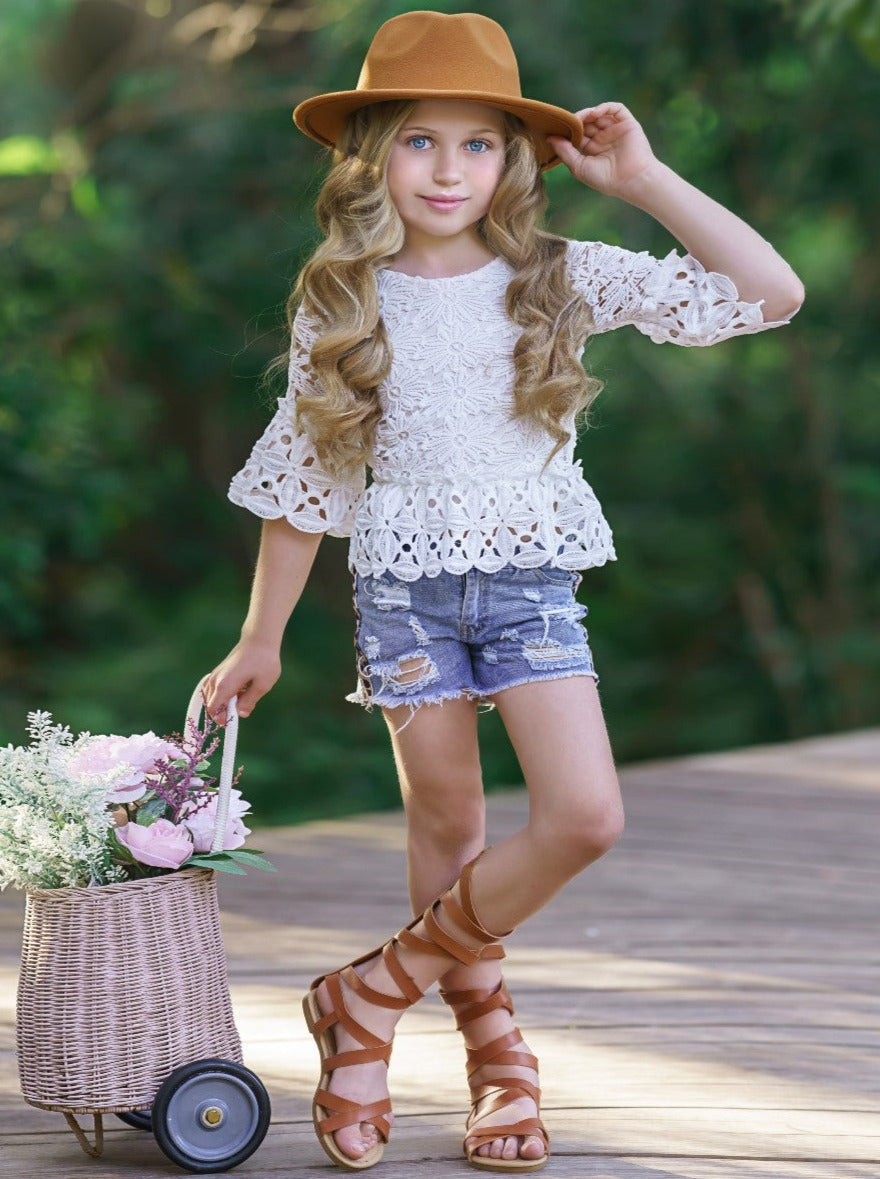 Toddler Spring Outfits | Girls Eyelet Top & Ripped Denim Shorts Set