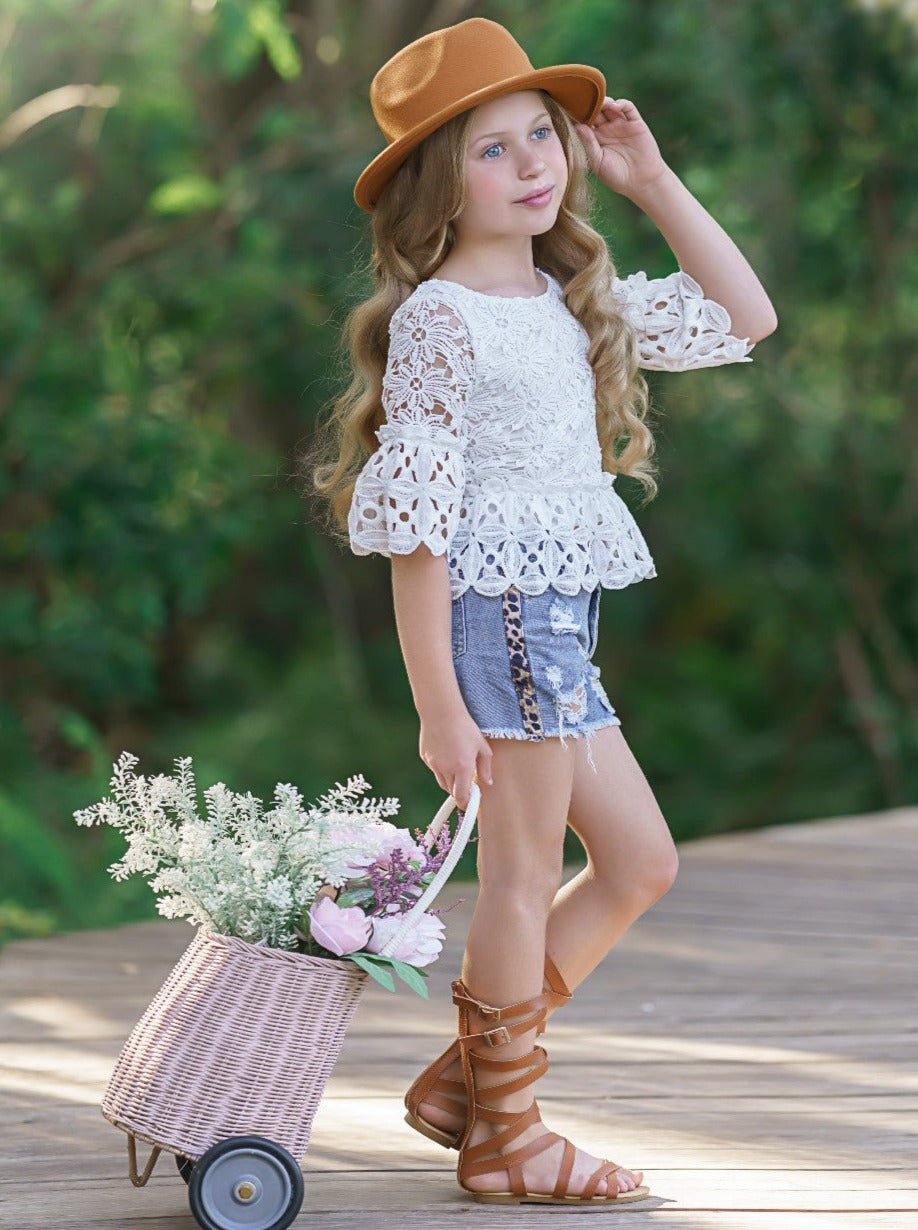 Toddler Spring Outfits | Girls Eyelet Top & Ripped Denim Shorts Set