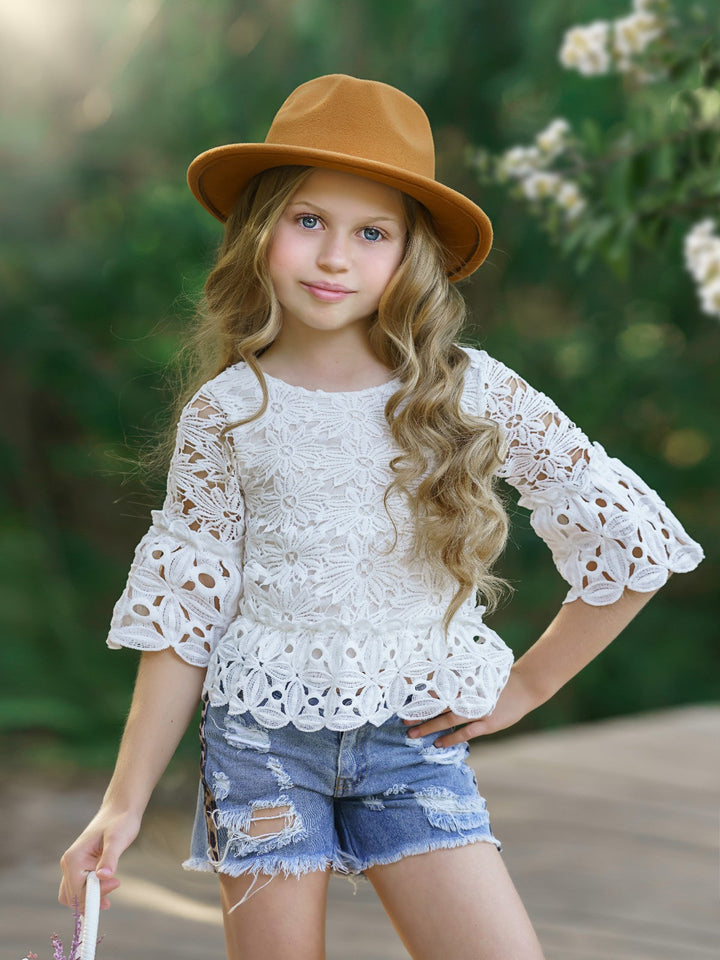 Toddler Spring Outfits | Girls Eyelet Top & Ripped Denim Shorts Set