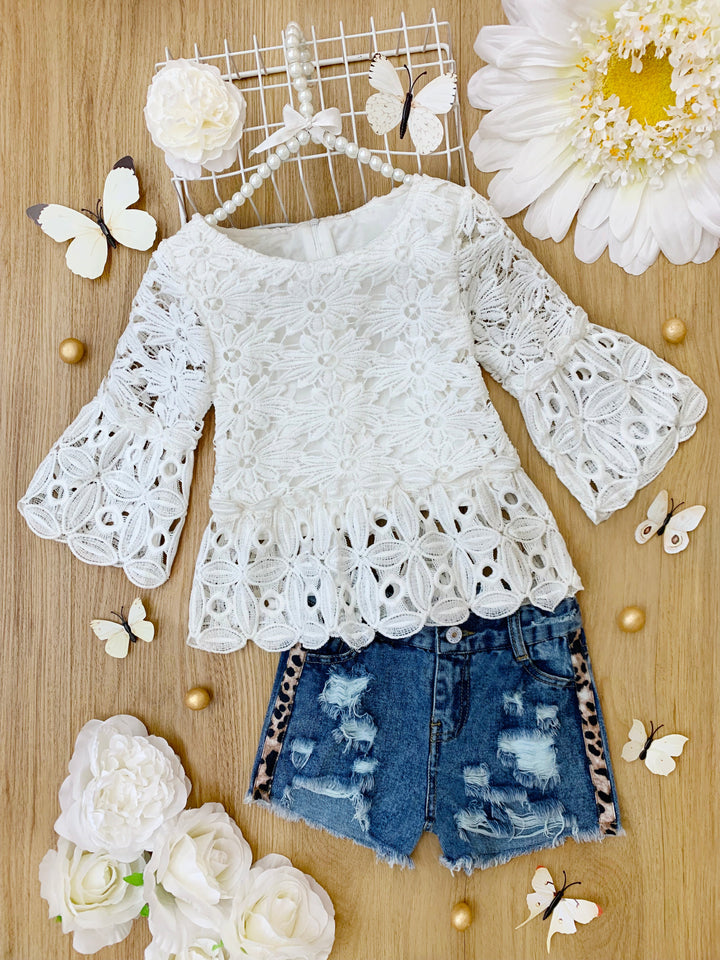 Toddler Spring Outfits | Girls Eyelet Top & Ripped Denim Shorts Set