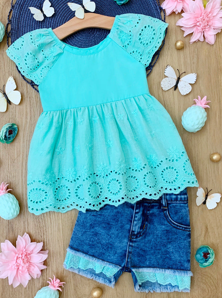 Girls Spring Outfits | Toddler Eyelet Ruffle Top & Denim Shorts Set