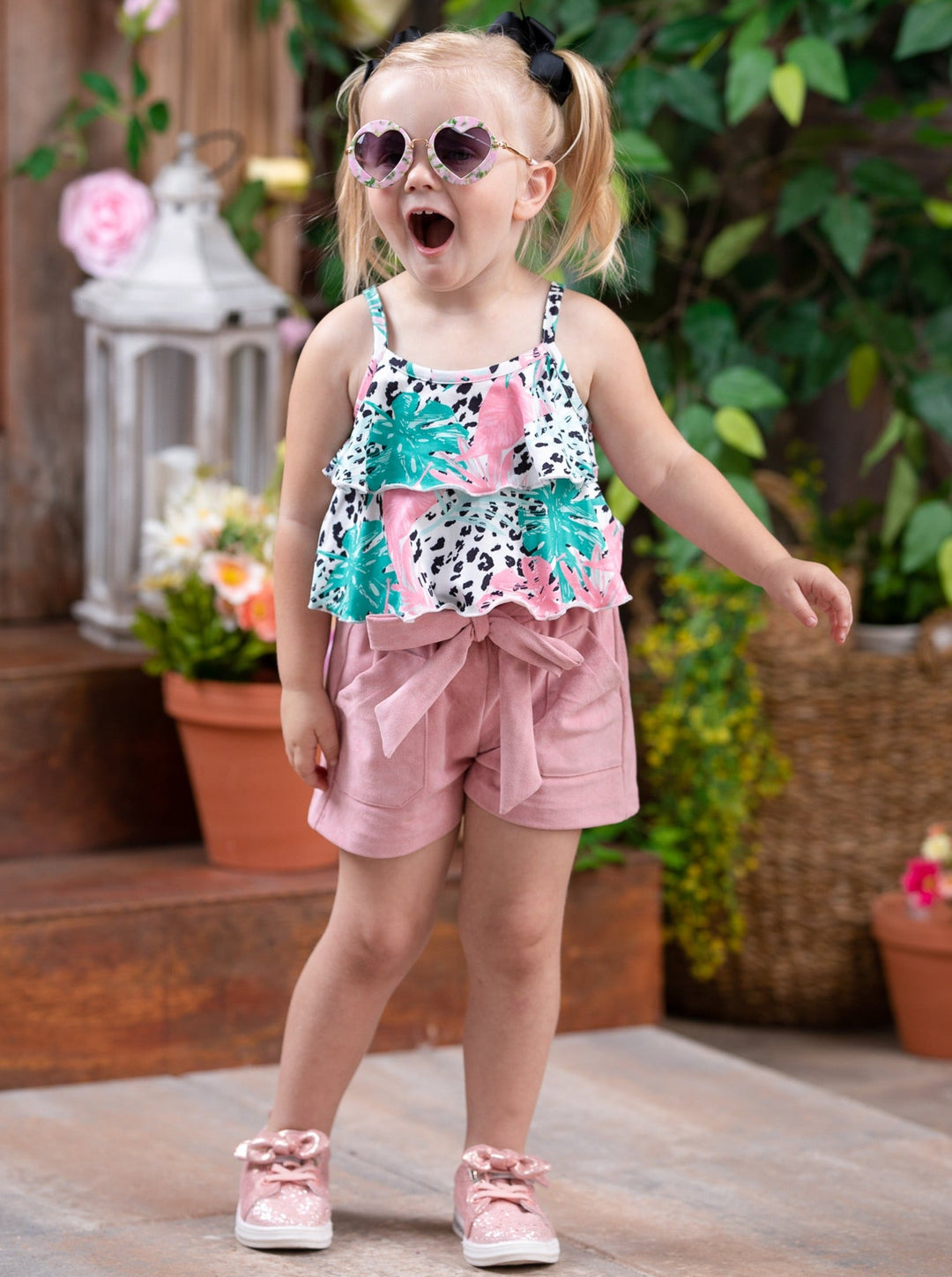 Spring Clothes | Girls Tropic Leopard Ruffle Top & Belted Shorts Set