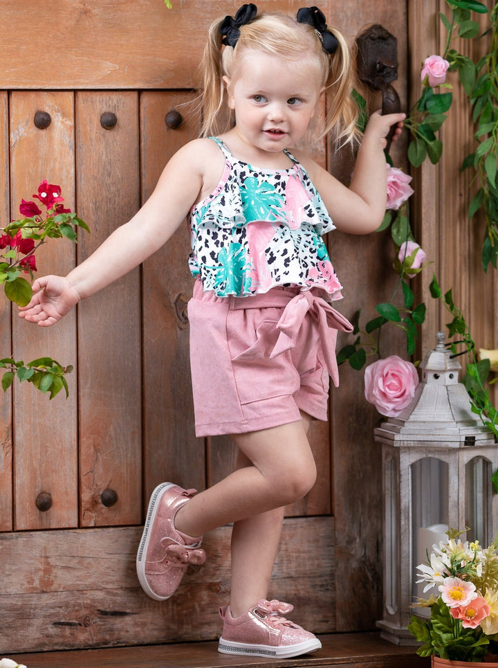 Spring Clothes | Girls Tropic Leopard Ruffle Top & Belted Shorts Set