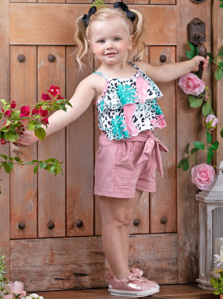 Spring Clothes | Girls Tropic Leopard Ruffle Top & Belted Shorts Set